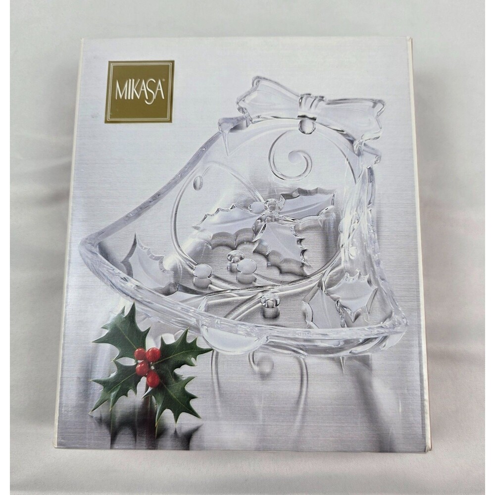 Mikasa Season's Holly Bell Shaped Candy Dish Clear with Embossed Holly Design